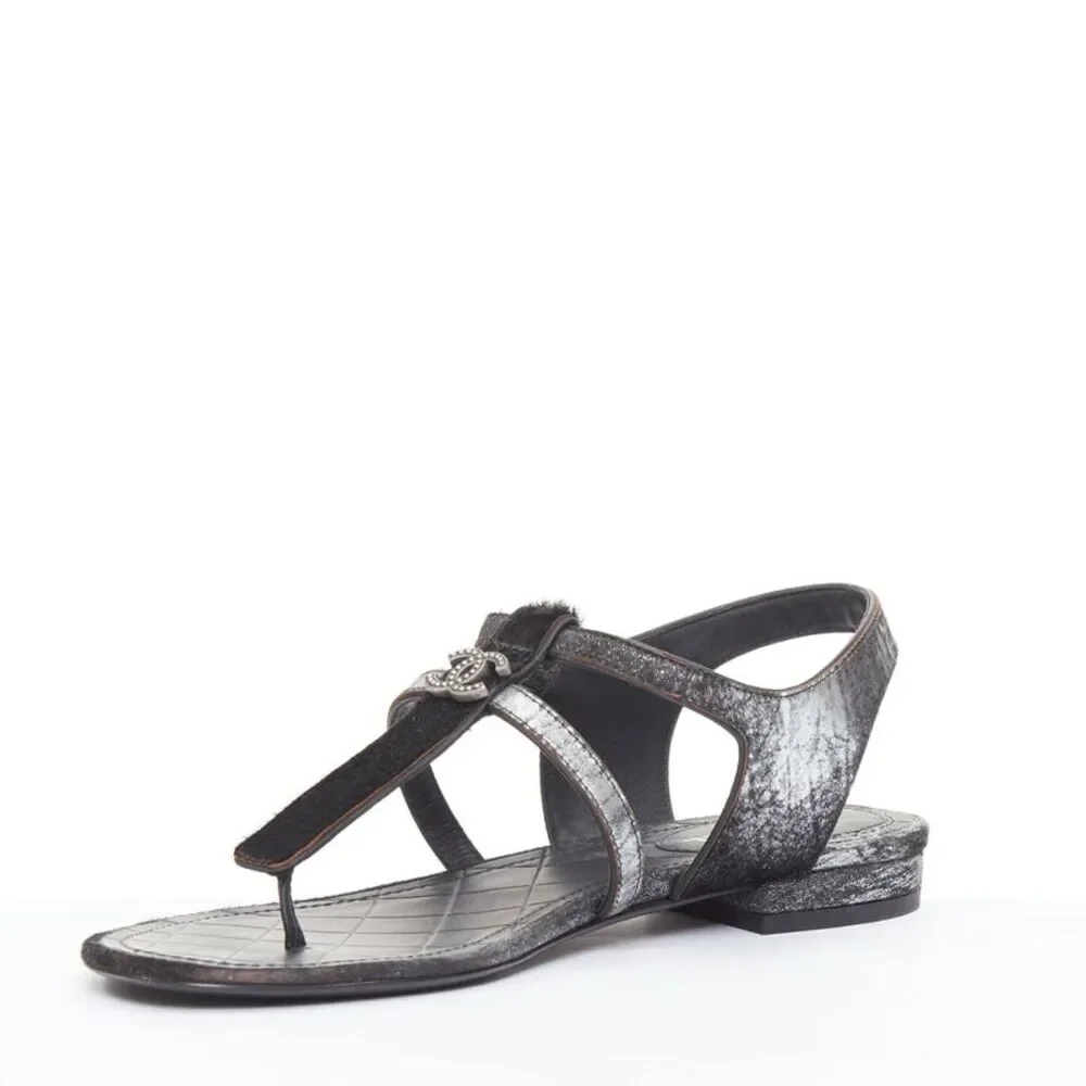 Chanel Black Leather Metallic Trim T-Strap Flat Sandals